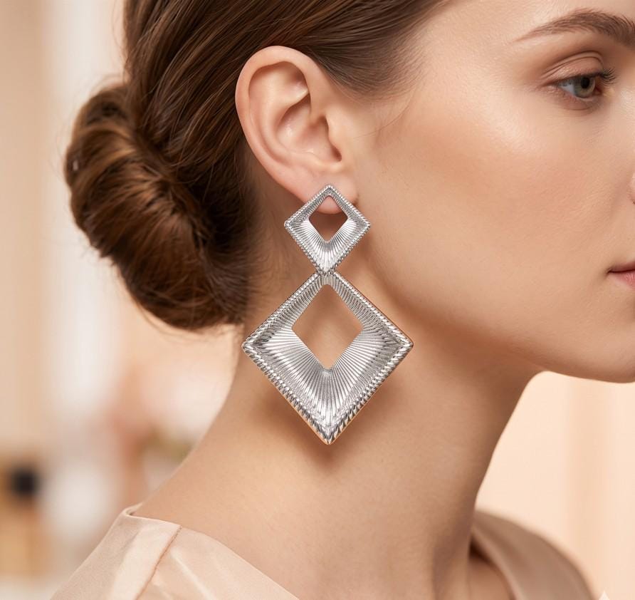 Bold Textured Metal Geometric Open Square Drop Statement Earrings - Modern Square Dangle Earring