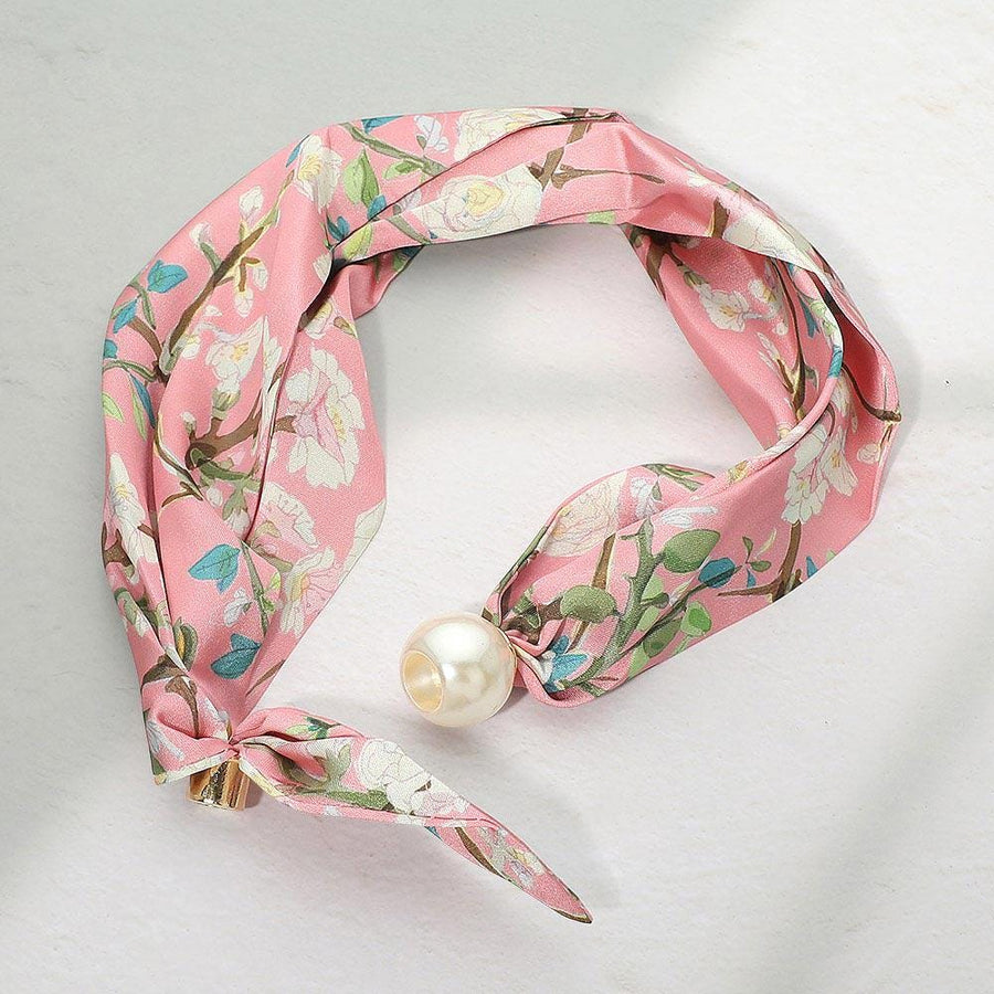 Floral Fabric Scarf Necklace, Magnetic Pearl Accent, Easy Wear Statement Jewelry
